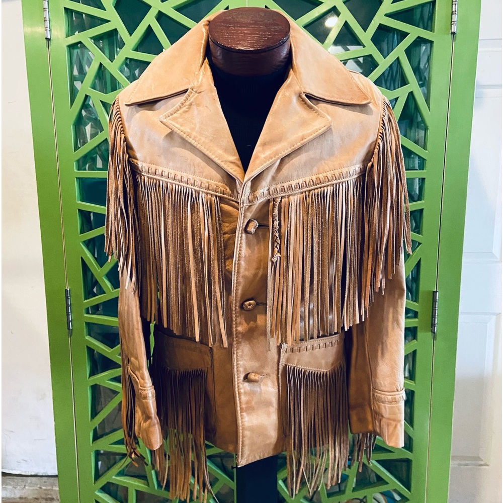 Schott Sportswear Vintage Brown/Tan Leather Fringed Jacket w/ Inlaid Detail - 36